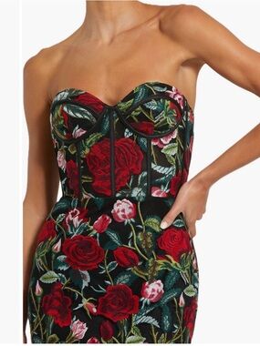 Mac Duggal Strapless Black Dress with Red & Pink Rose Embroidery